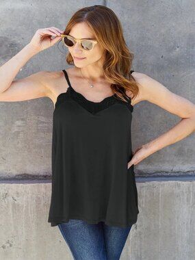 Full Size V-Neck Lace Trim Cami Women Stylish Sleeveless Top